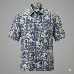 VTG Pierre Cardin Men XL Button Up Cotton Shirt Hawaiian Palm Tree Tropical Blue